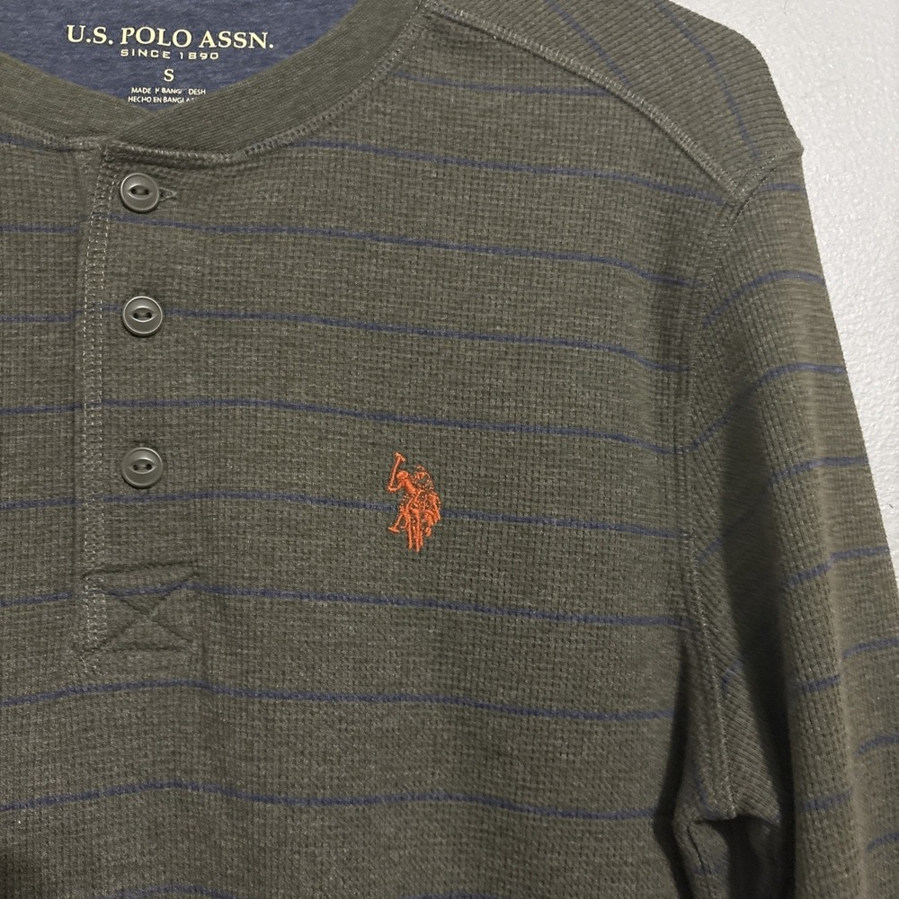 US POLO ASSN Shirt Men's S Green Henley‎ Thermal Long Sleeve Blue Stripes - Picture 2 of 10
